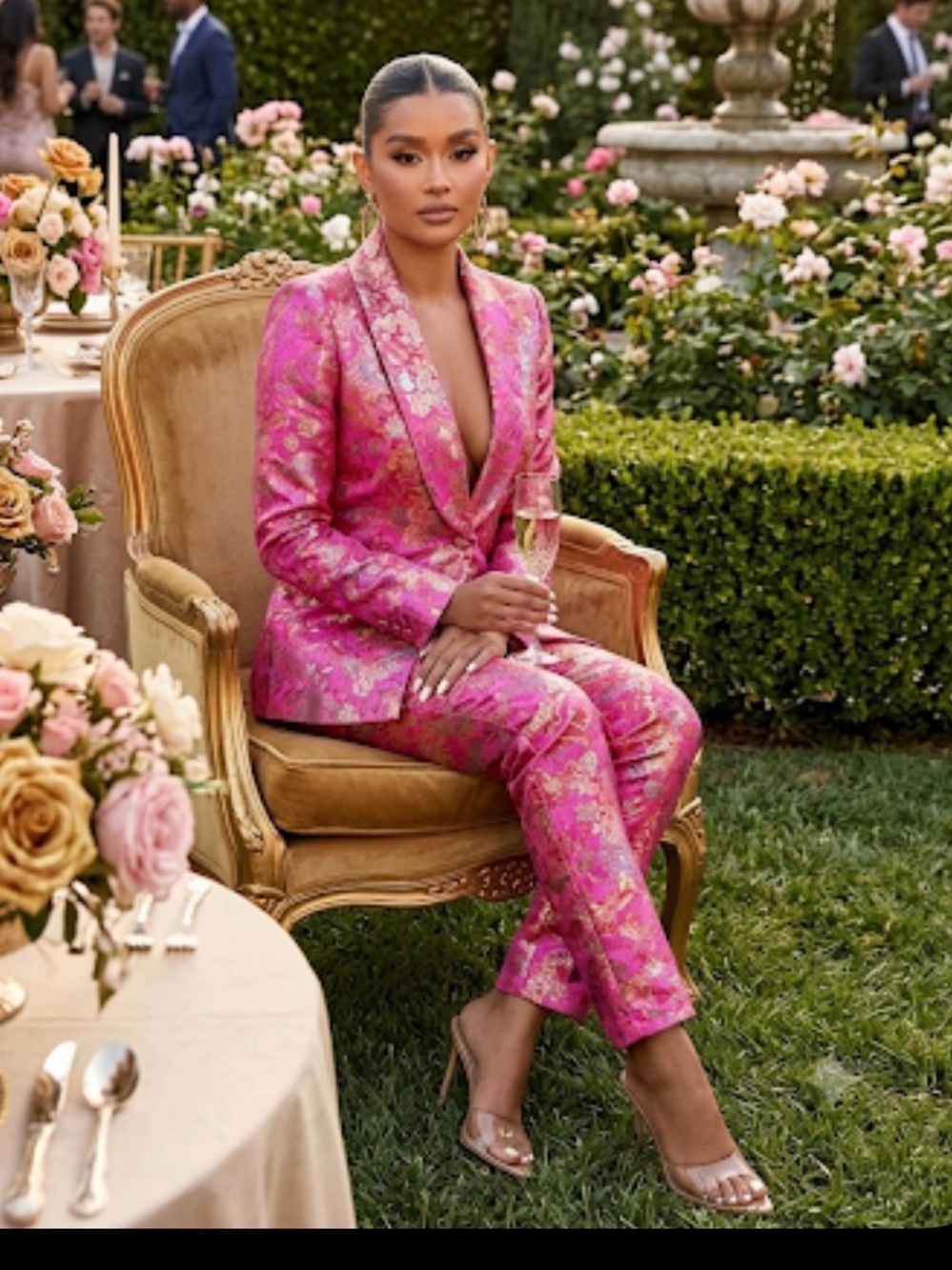 Fuchsia Floral Brocade Women's Blazer and Trousers Set - Picture 1 of 7